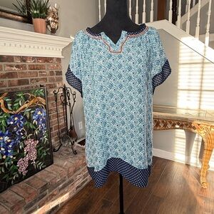 Krazy Kat, Blue Beaded Boho Short Sleeve Tunic Top Size XL